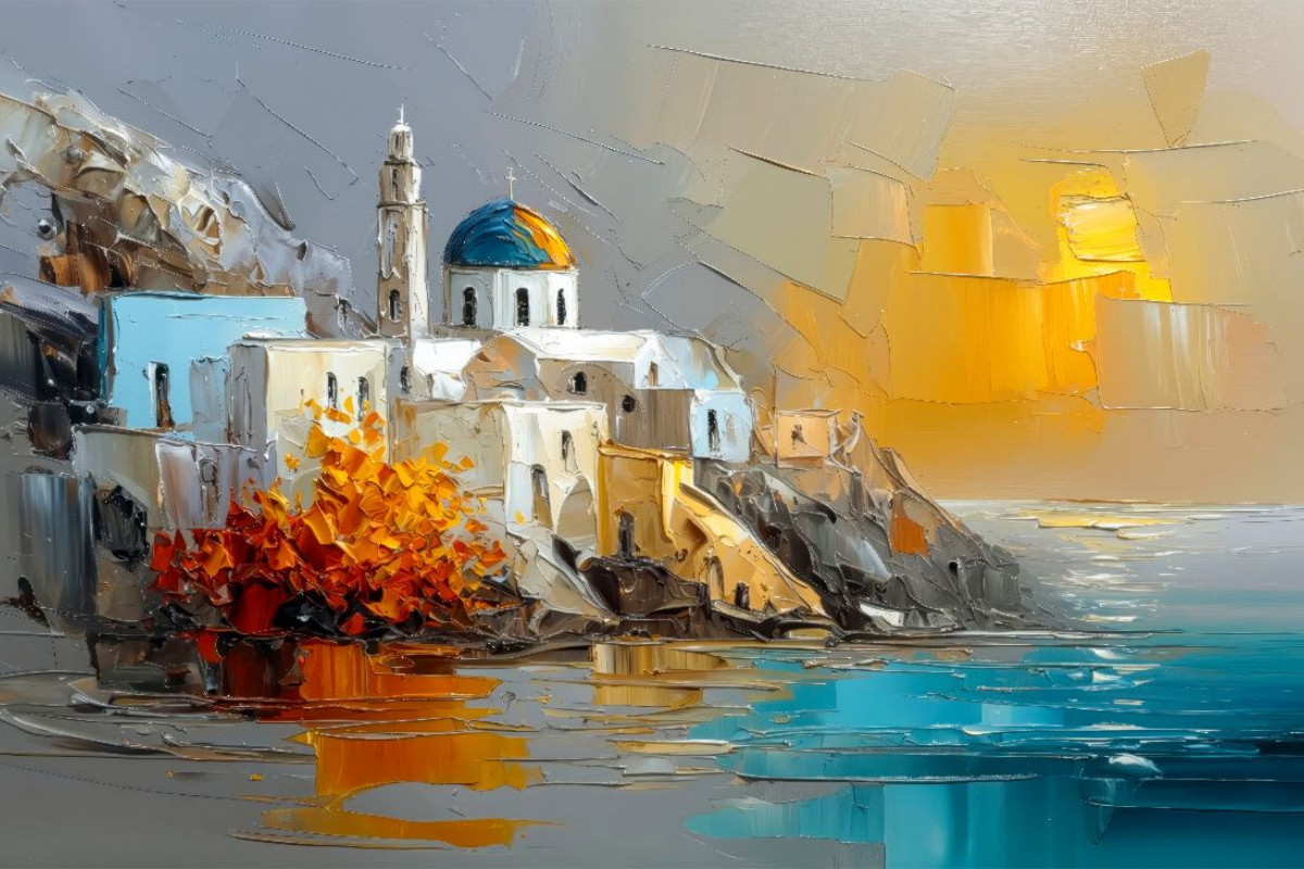 Ein Nachmittag in Santorini - das Sonnenlicht streift die weißen Kykladenhäuser auf der Klippe