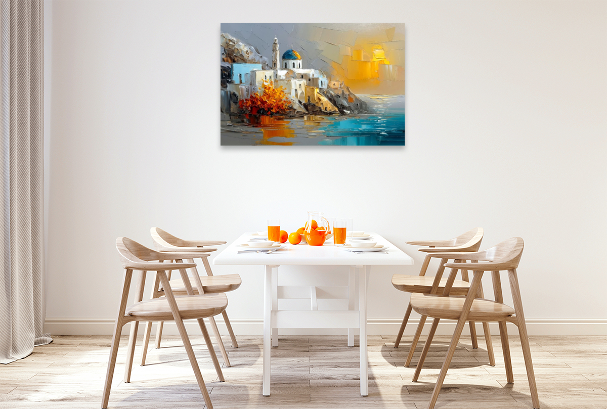 Ein Nachmittag in Santorini - das Sonnenlicht streift die weißen Kykladenhäuser auf der Klippe