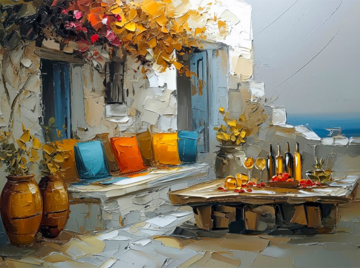 Mykonos - Abendstimmung auf einer Gartenterrasse