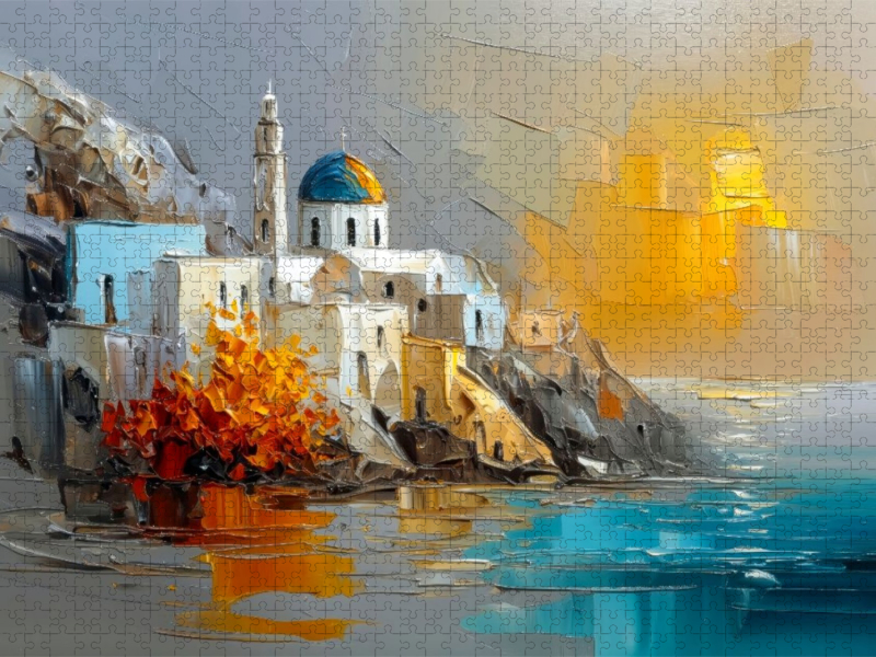 Ein Nachmittag in Santorini - das Sonnenlicht streift die weißen Kykladenhäuser auf der Klippe