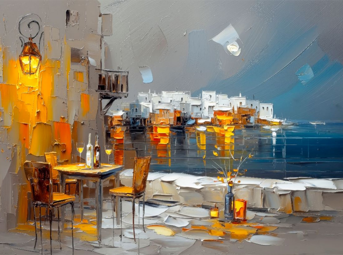 Mykonos am Abend - ein kleines Strandcafe lädt zum Verweilen ein