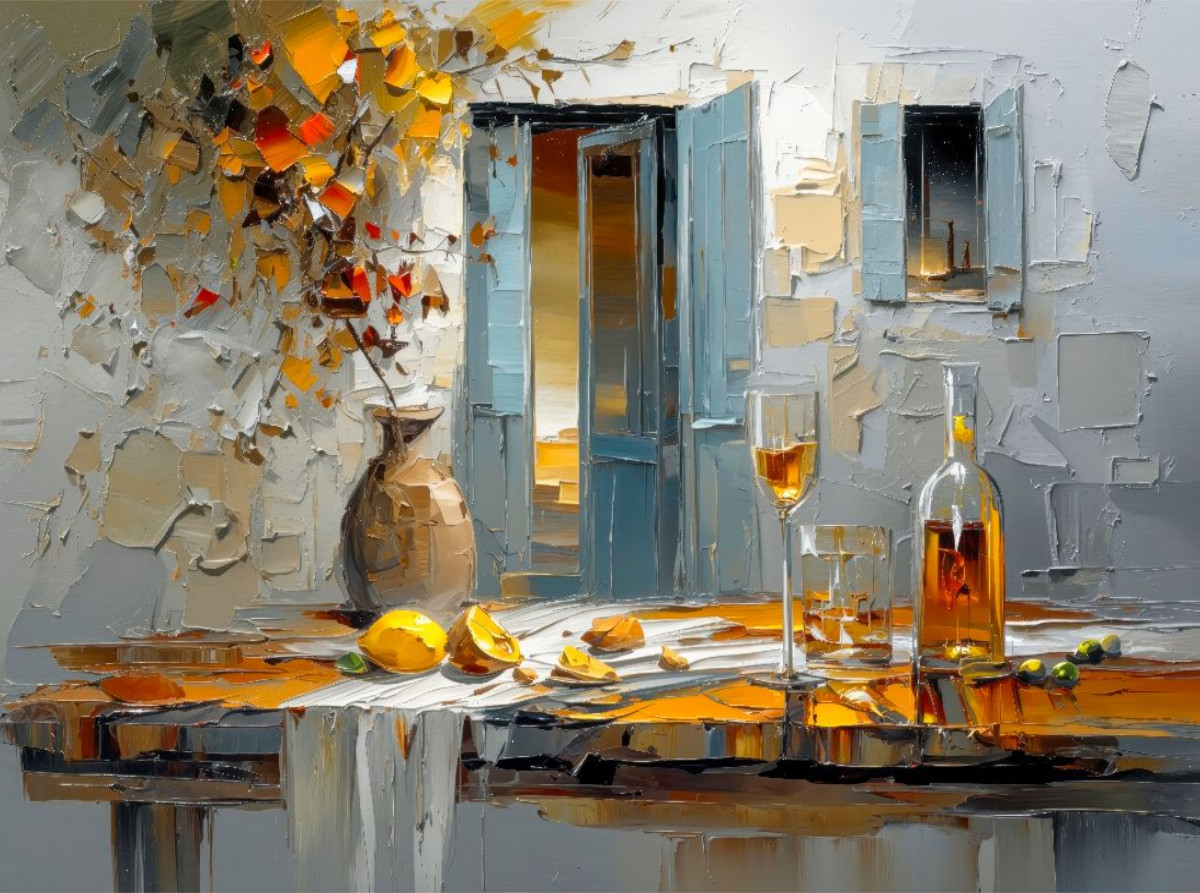 Eine rustikale mediterrane Tafel nach dem Mittagessen