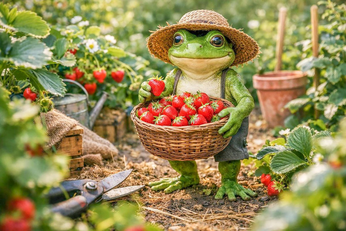 Frosch bei der Erdbeer Ernte