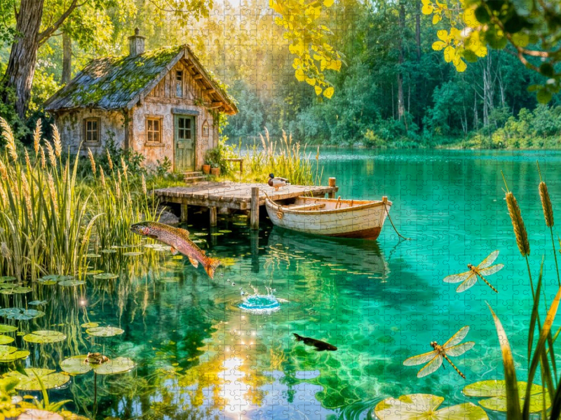 Cottage Fischerhütte am Weiher mit springenden Forellen