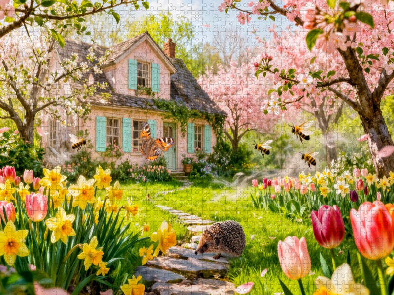 Frühlings‑Cottage im Garten mit Igel und Blütenzauber