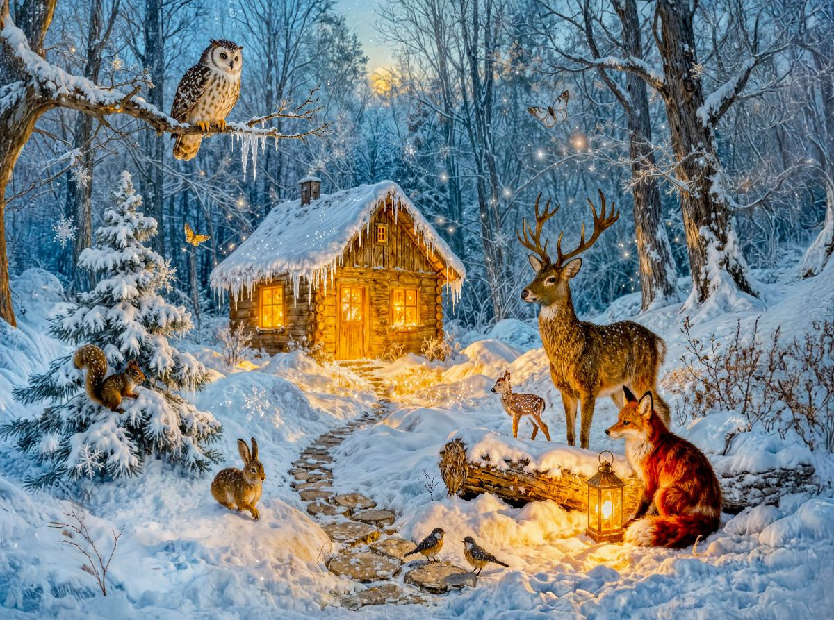 Winter‑Cottage im Wald mit Eule, Hase, Hirsch, Fuchs