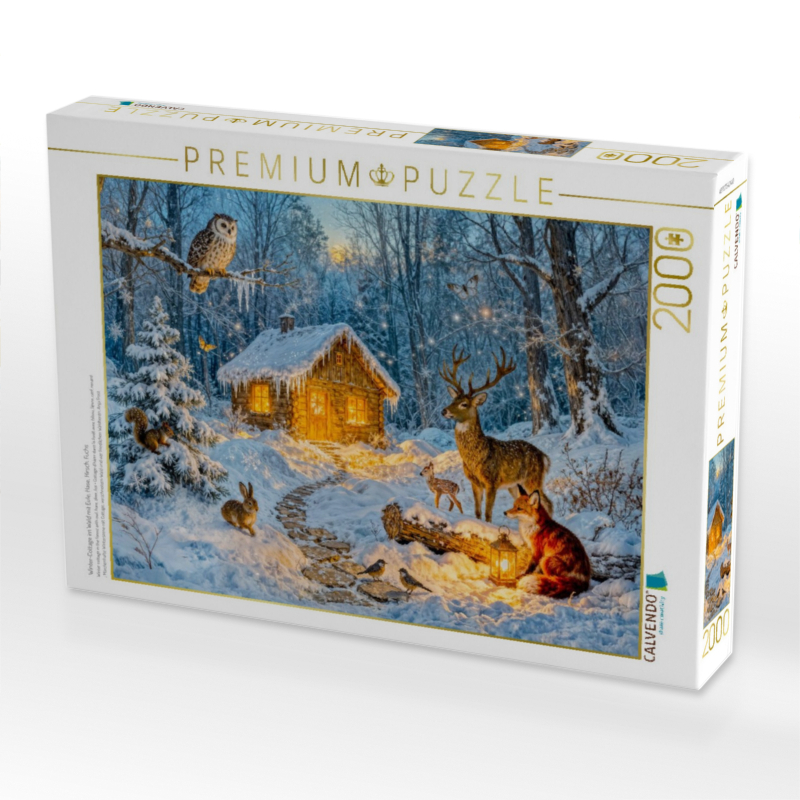 Winter‑Cottage im Wald mit Eule, Hase, Hirsch, Fuchs
