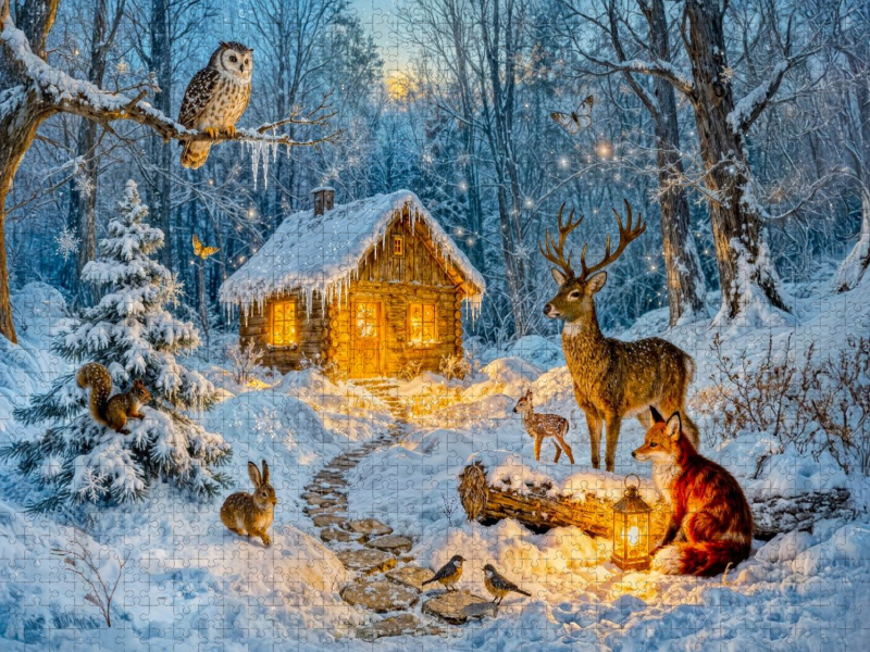 Winter‑Cottage im Wald mit Eule, Hase, Hirsch, Fuchs