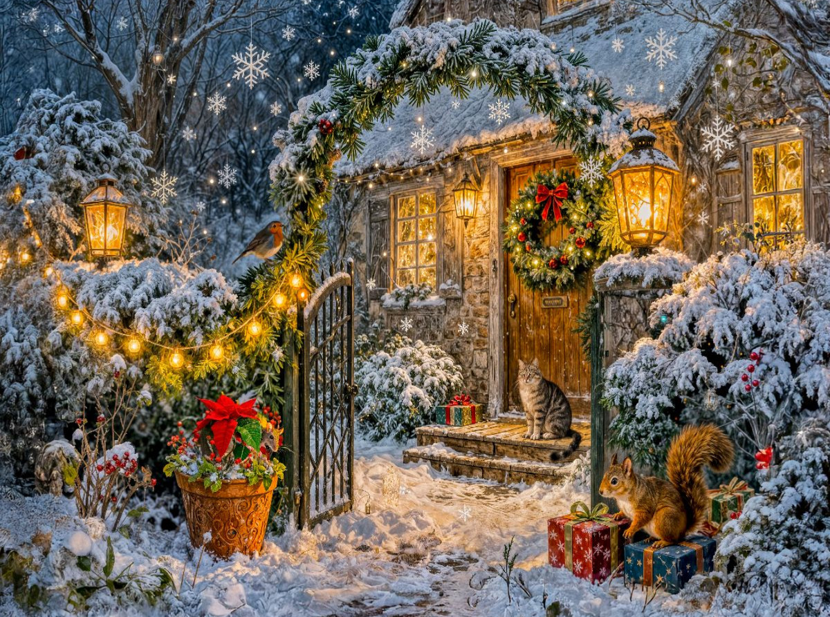 Weihnachts‑Cottage mit Tieren an geschmückter Gartenpforte
