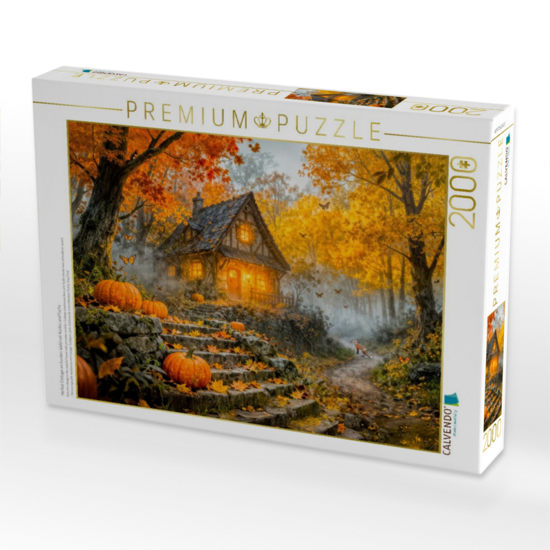 Herbst‑Cottage im bunten Wald mit Kürbis und Fuchs