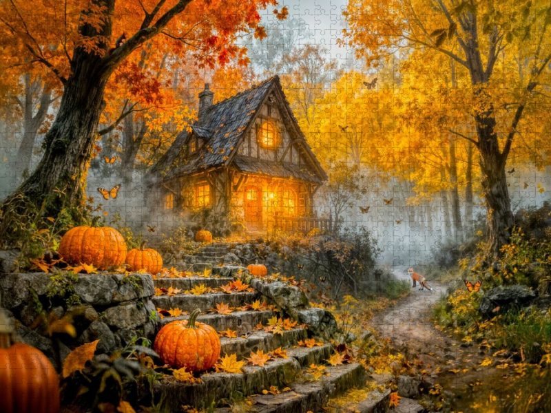 Herbst‑Cottage im bunten Wald mit Kürbis und Fuchs