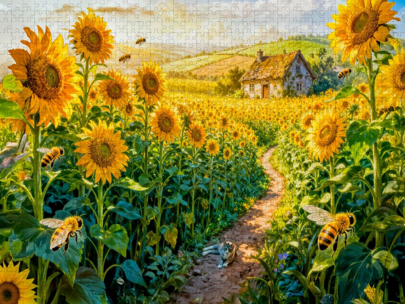 Cottage im Sonnenblumenfeld mit Katze auf dem Weg