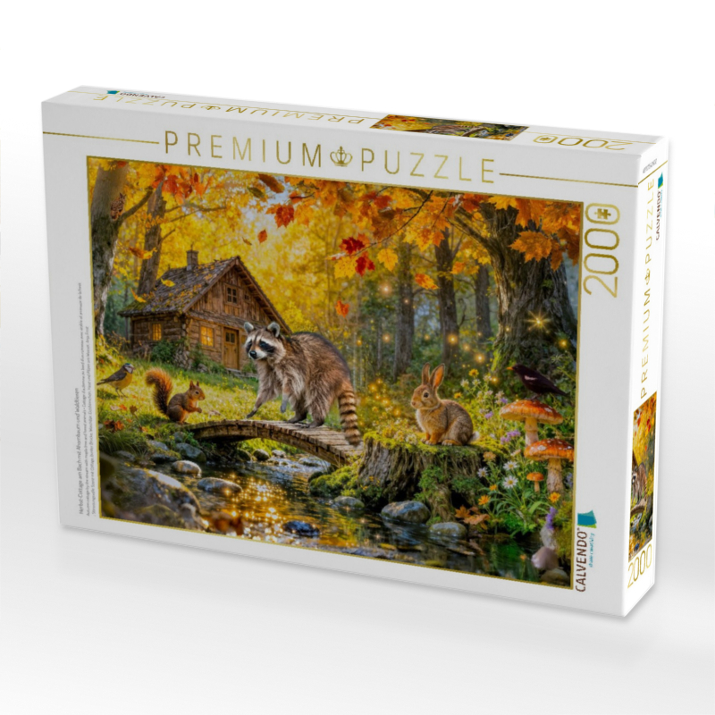 Herbst‑Cottage am Bach mit Ahornbaum und Waldtieren