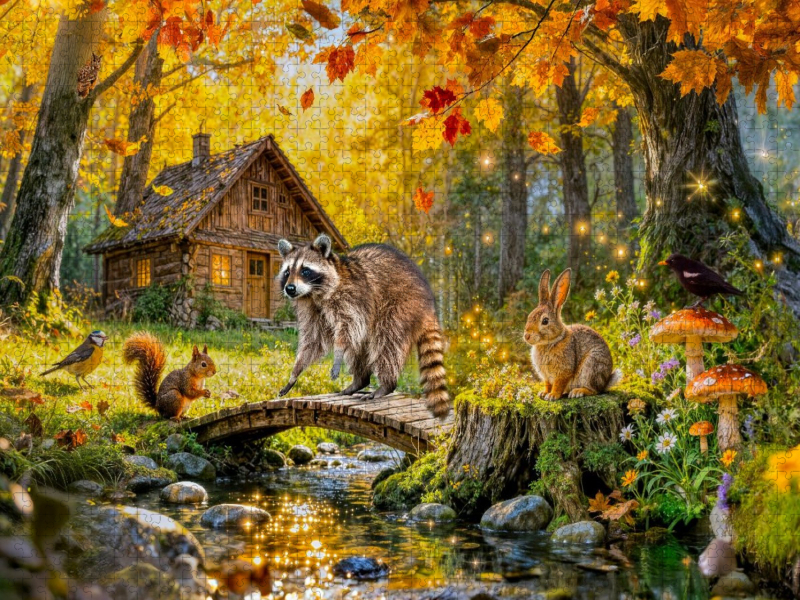 Herbst‑Cottage am Bach mit Ahornbaum und Waldtieren