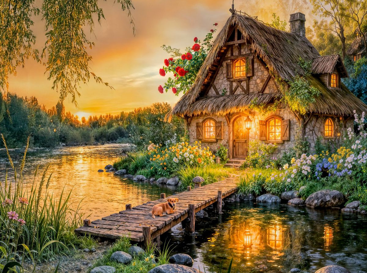 Spätsommer‑Cottage am Fluss mit Hund auf der Brücke