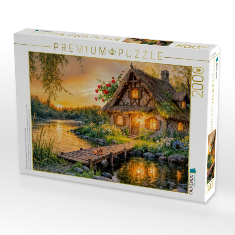 Spätsommer‑Cottage am Fluss mit Hund auf der Brücke