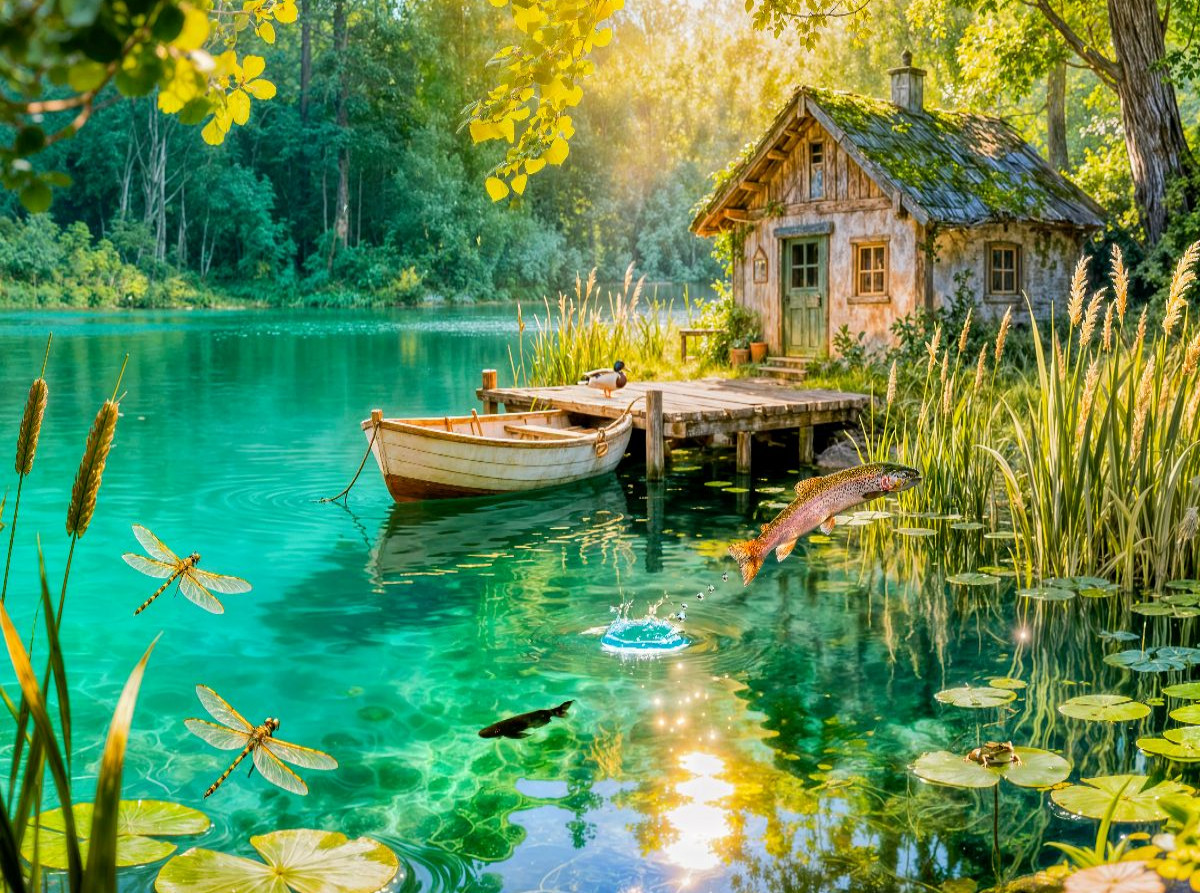 Cottage am Weiher mit Fischhütte, Boot und Forelle