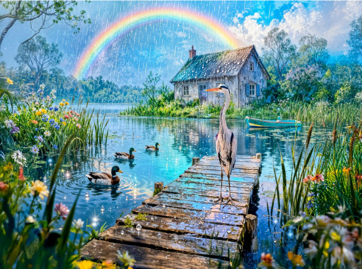 Cottage am See mit Regenbogen und Wasservögeln