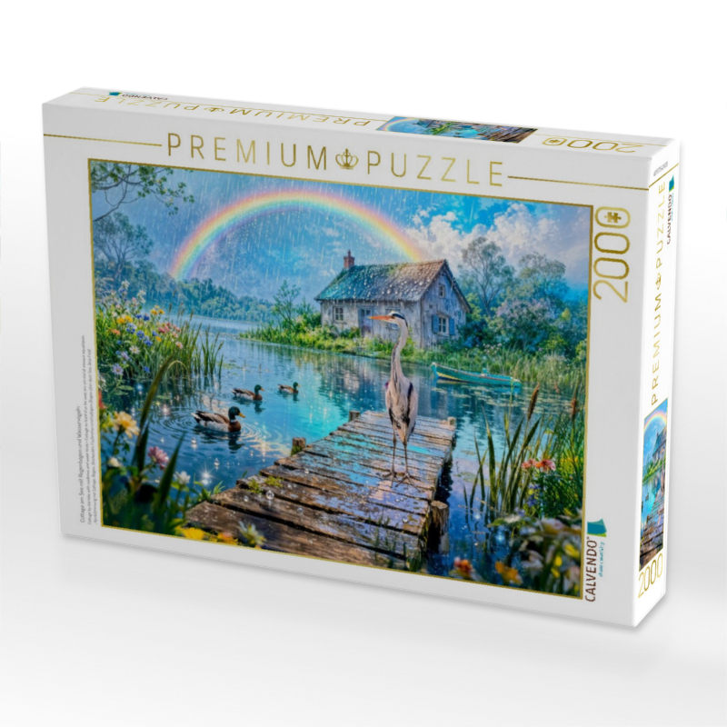 Cottage am See mit Regenbogen und Wasservögeln