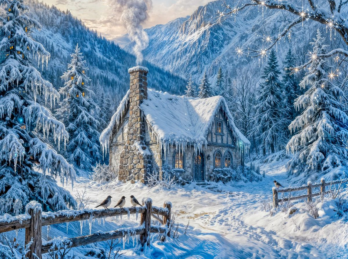 Winter‑Cottage im Bergwald mit Zaun und Waldvögeln