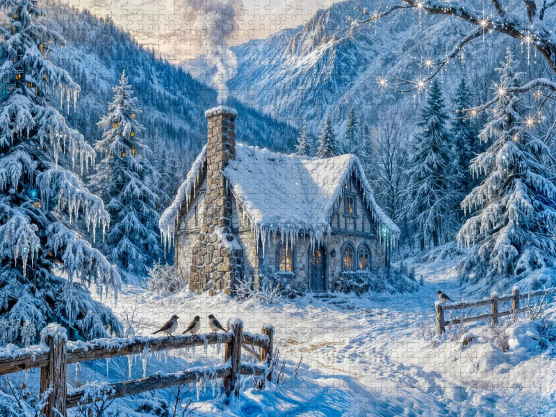 Winter‑Cottage im Bergwald mit Zaun und Waldvögeln