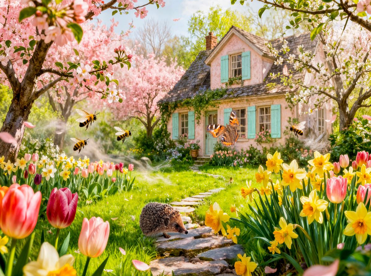 Frühlings‑Cottage mit Igel und blühenden Kirschbäumen