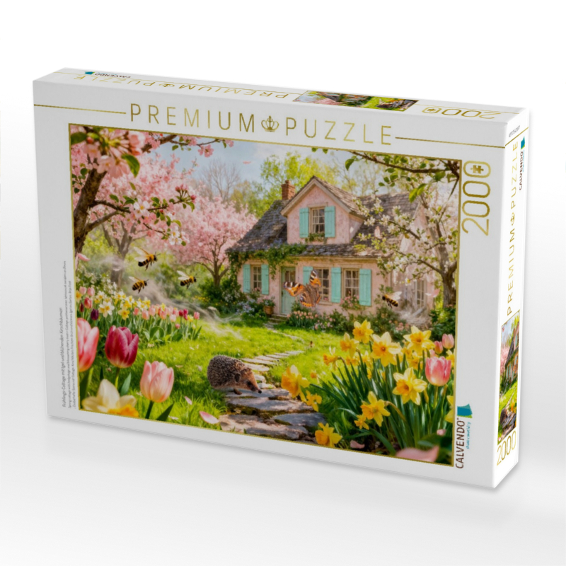 Frühlings‑Cottage mit Igel und blühenden Kirschbäumen