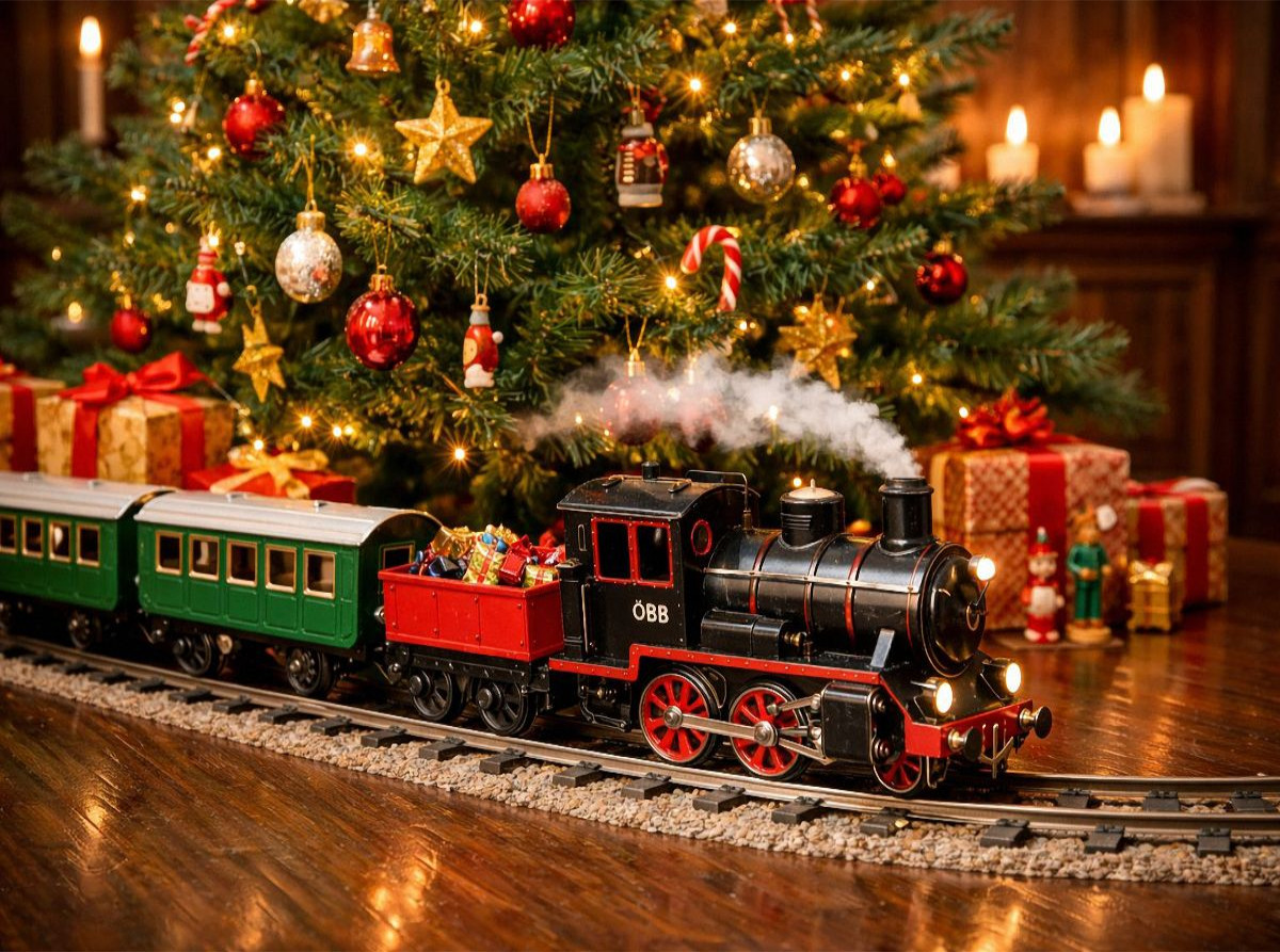 Weihnachtliche Eisenbahn unter dem Christbaum