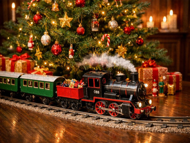 Weihnachtliche Eisenbahn unter dem Christbaum