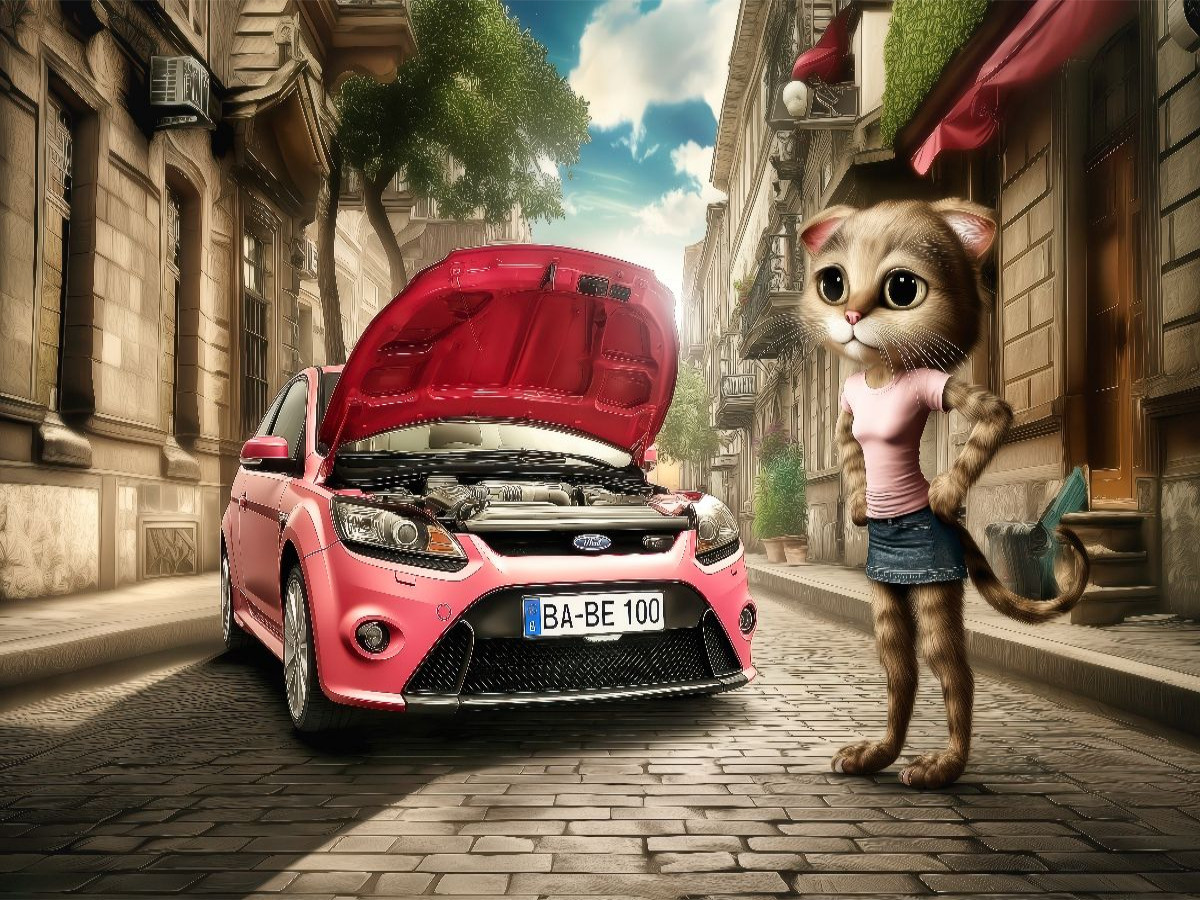 Selbstbewusste Autofahrerin mit Panne