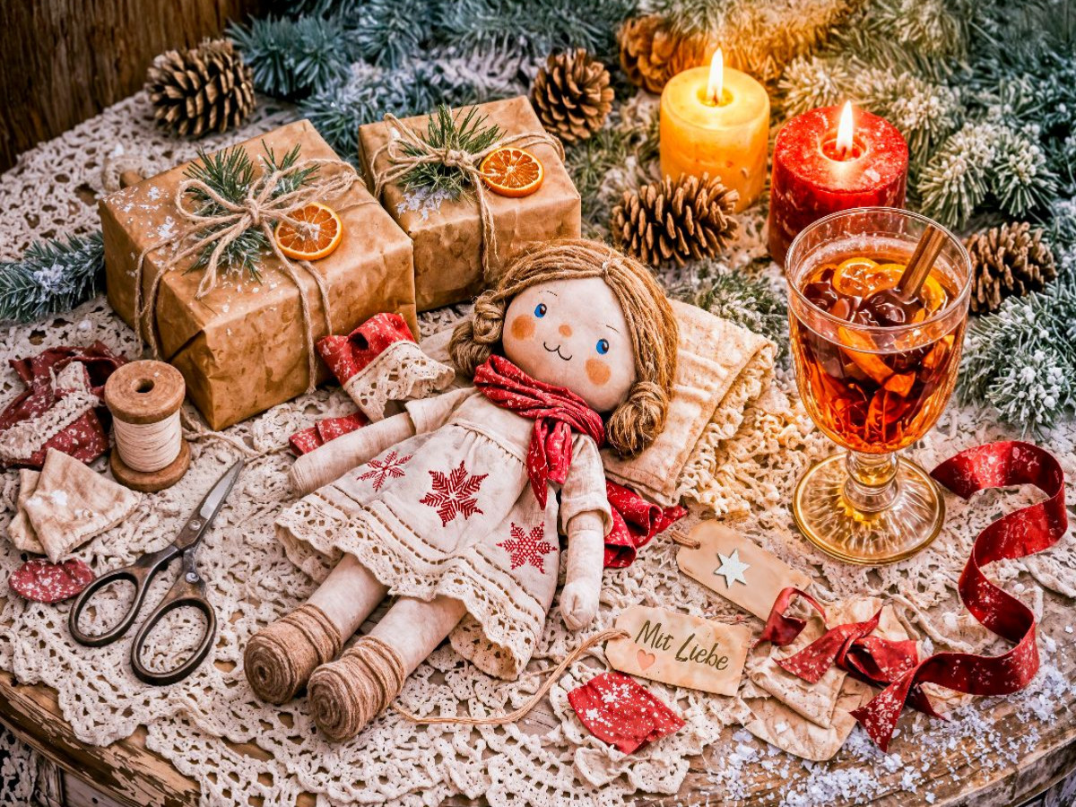 Handgeschneiderte Vintage‑Stoffpuppe auf dem Weihnachtsgabentisch