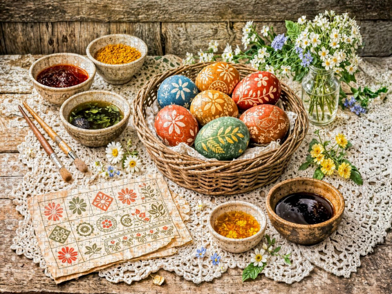 Handdekorierte Ostereier mit traditionellen Mustern