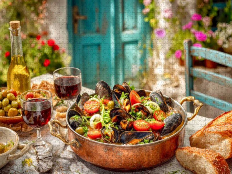 Miesmuscheln in Weißweinbrühe mit Lauchringen und Kirschtomaten