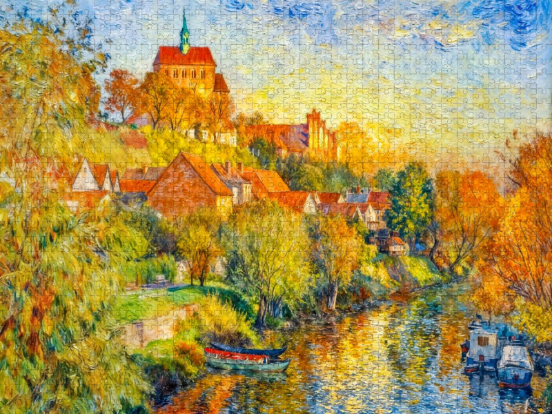 Havelberg im Herbst mit Domberg und Havelbooten