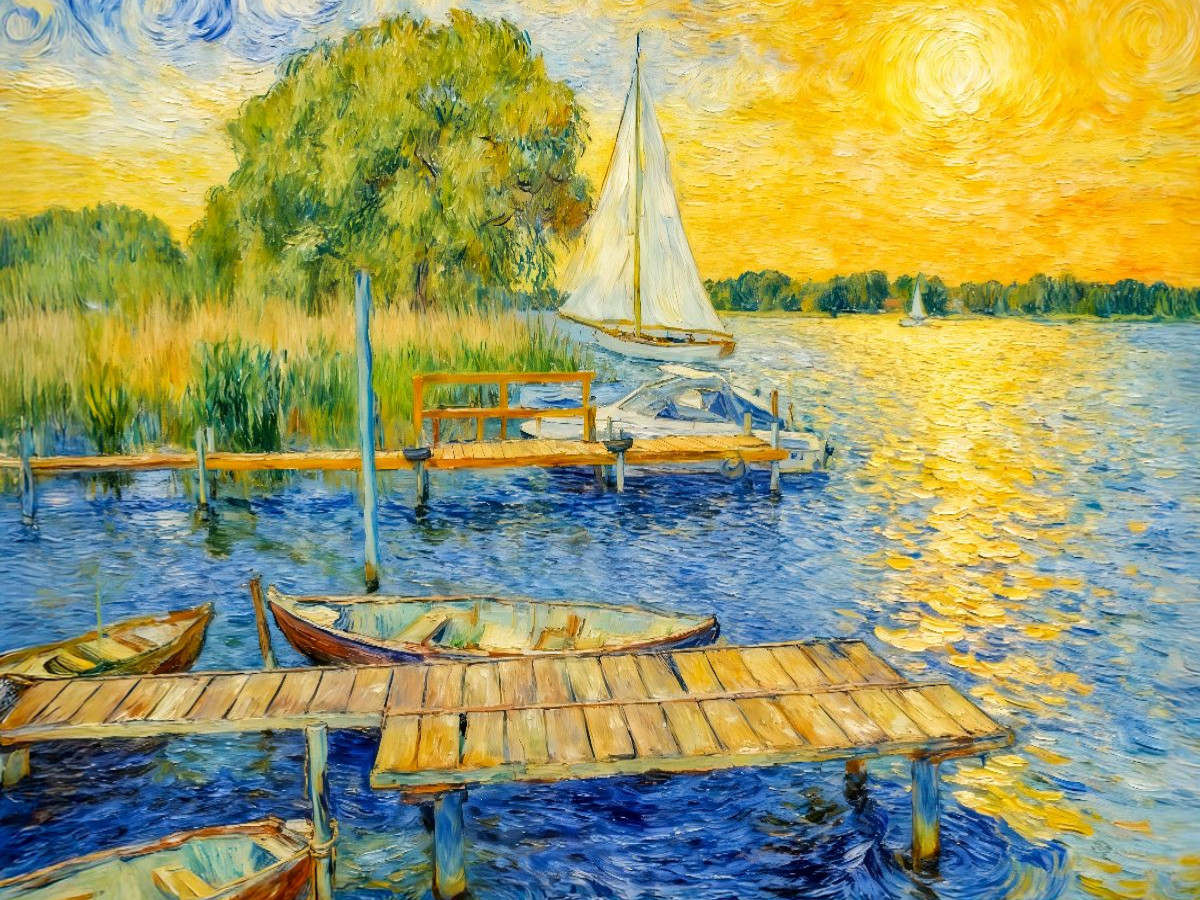 Impressionistischer Sonnenuntergang am Wannsee mit Segelboot