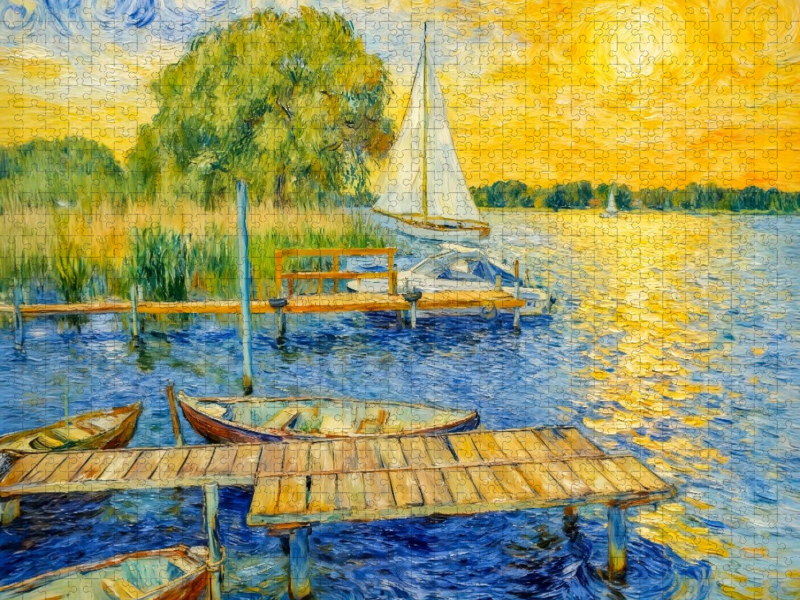 Impressionistischer Sonnenuntergang am Wannsee mit Segelboot