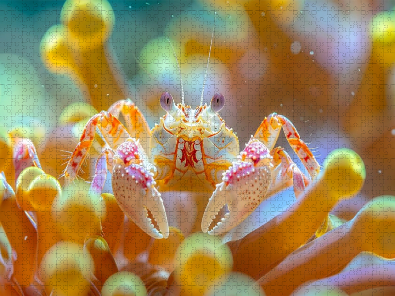 Porzellankrabbe in einer Anemone