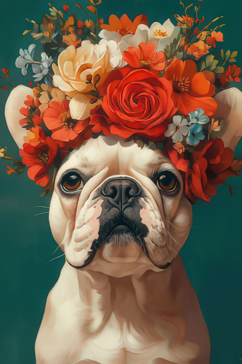 Bulldogge und Blumenprach