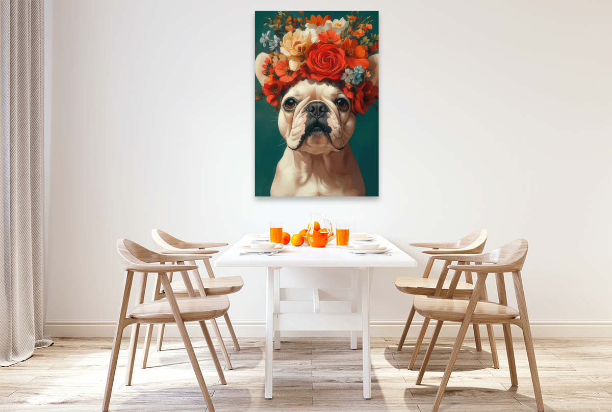 Bulldogge und Blumenprach