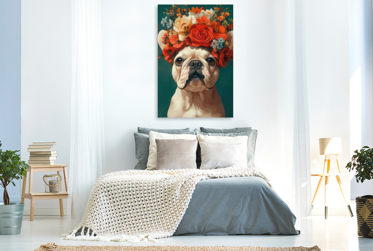 Bulldogge und Blumenprach