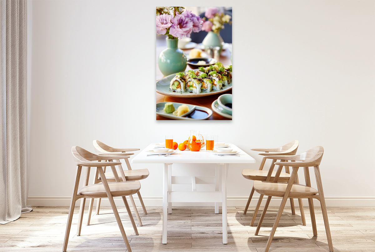 California Roll Sushi Bild mit Blumenarrangement