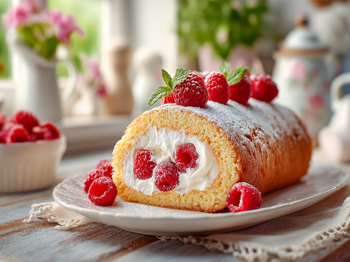 Eine Biskuitrolle mit frischen Himbeeren und cremiger Sahne auf einem Teller