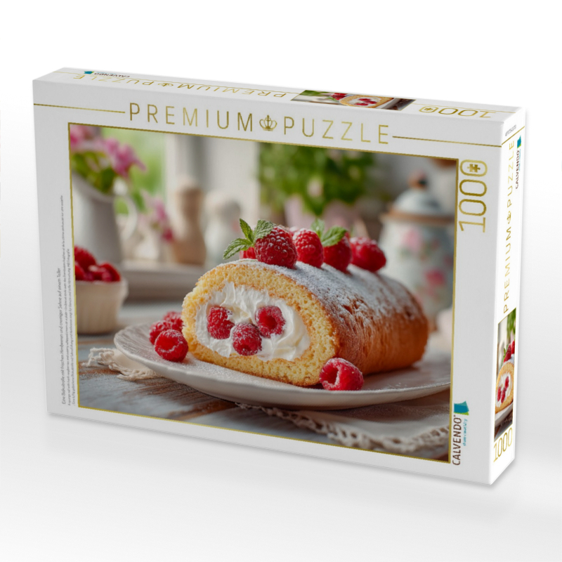 Eine Biskuitrolle mit frischen Himbeeren und cremiger Sahne auf einem Teller