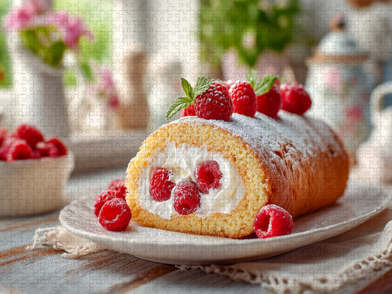 Eine Biskuitrolle mit frischen Himbeeren und cremiger Sahne auf einem Teller