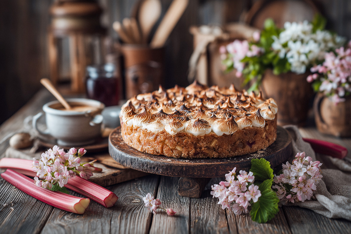 Rhabarberkuchen Bild mit Baiserhaube und Frühlingsblüten