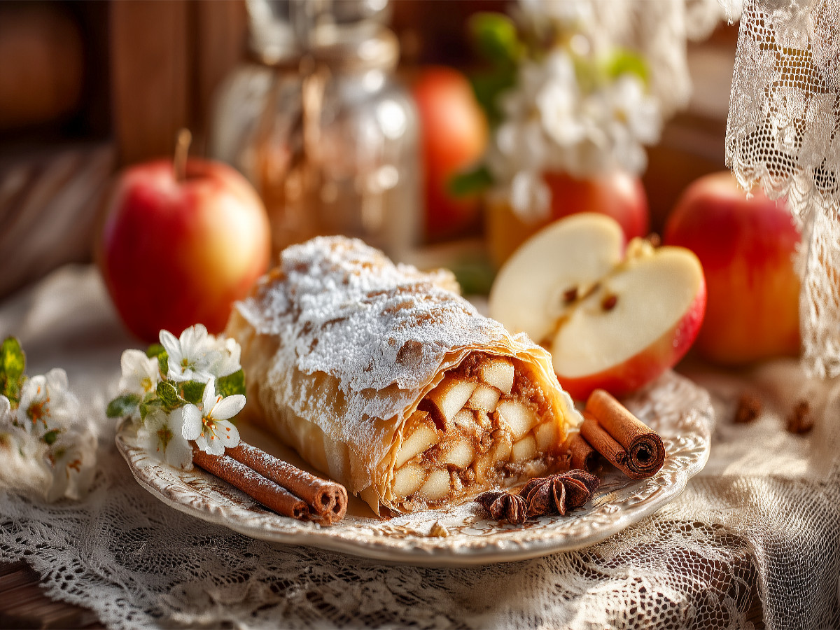 Traditioneller Apfelstrudel mit Zimt und Puderzucker auf rustikalem Teller