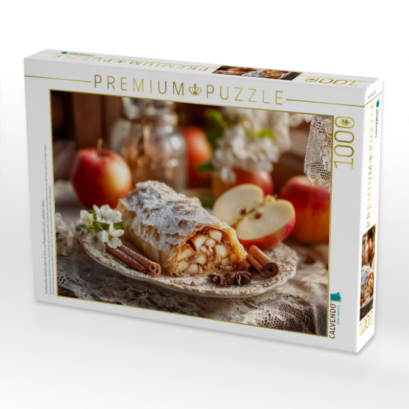 Traditioneller Apfelstrudel mit Zimt und Puderzucker auf rustikalem Teller