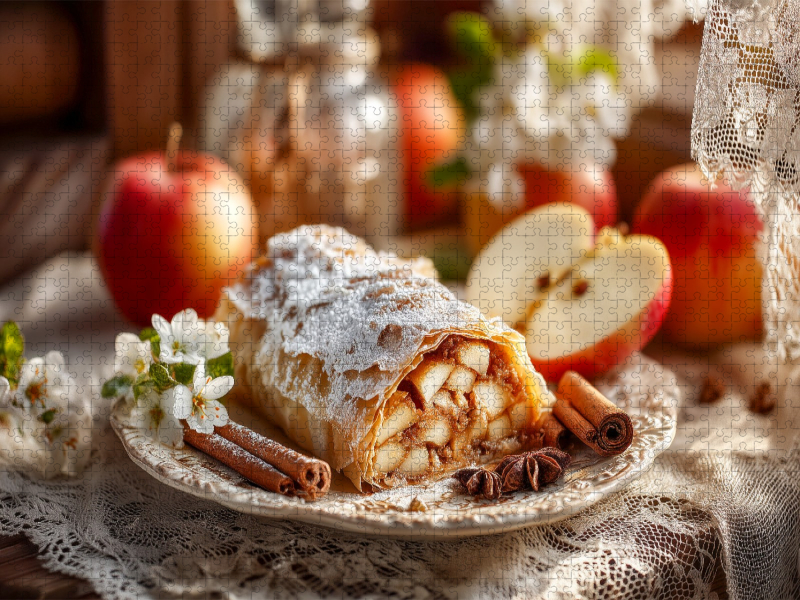 Traditioneller Apfelstrudel mit Zimt und Puderzucker auf rustikalem Teller