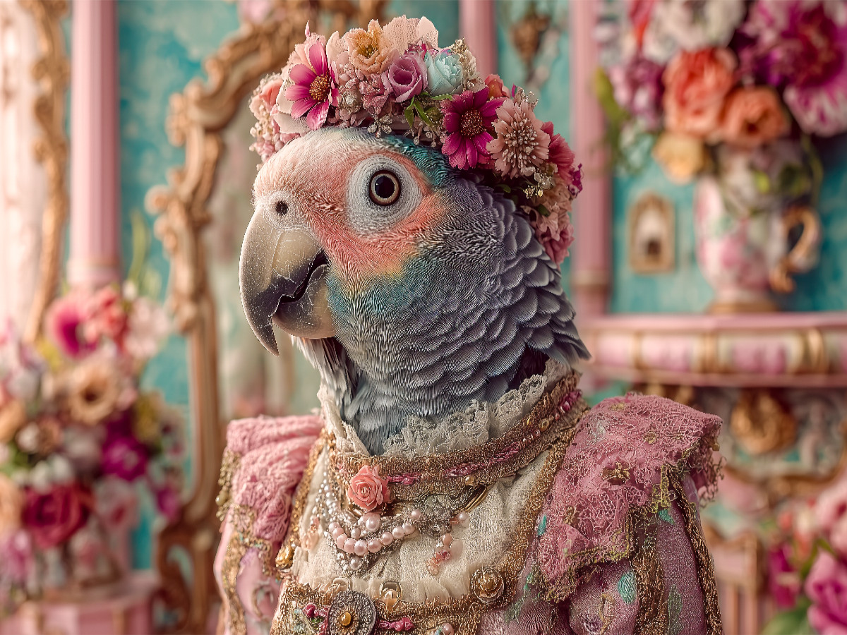 Königlicher Papagei mit Blumenkrone