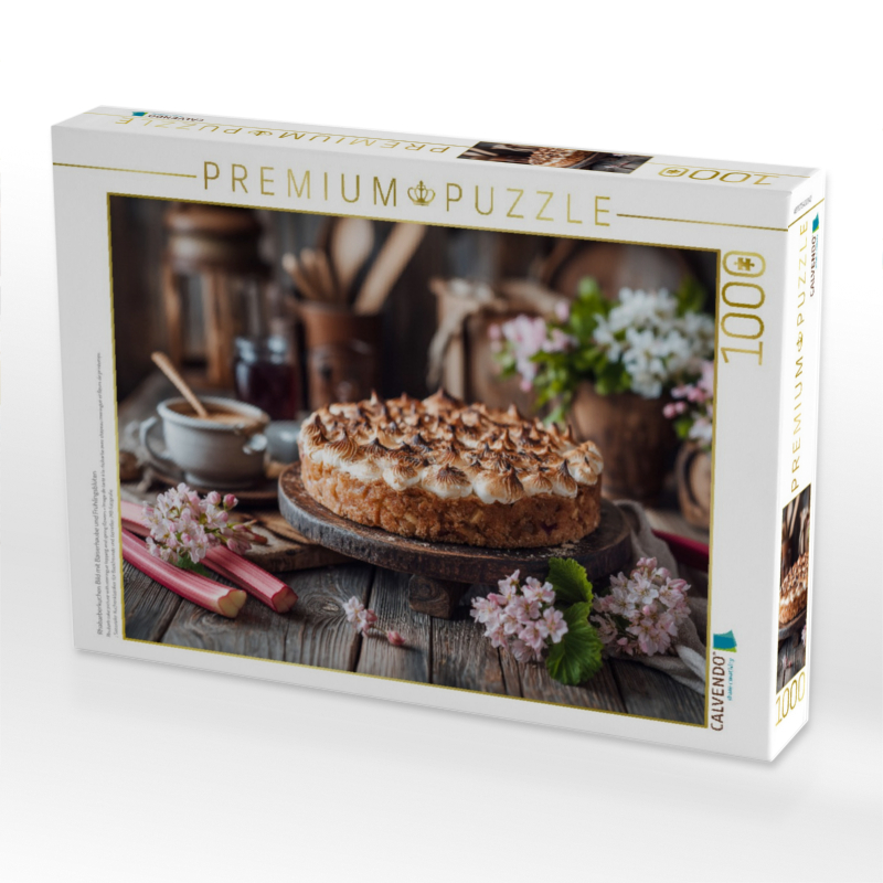 Rhabarberkuchen Bild mit Baiserhaube und Frühlingsblüten